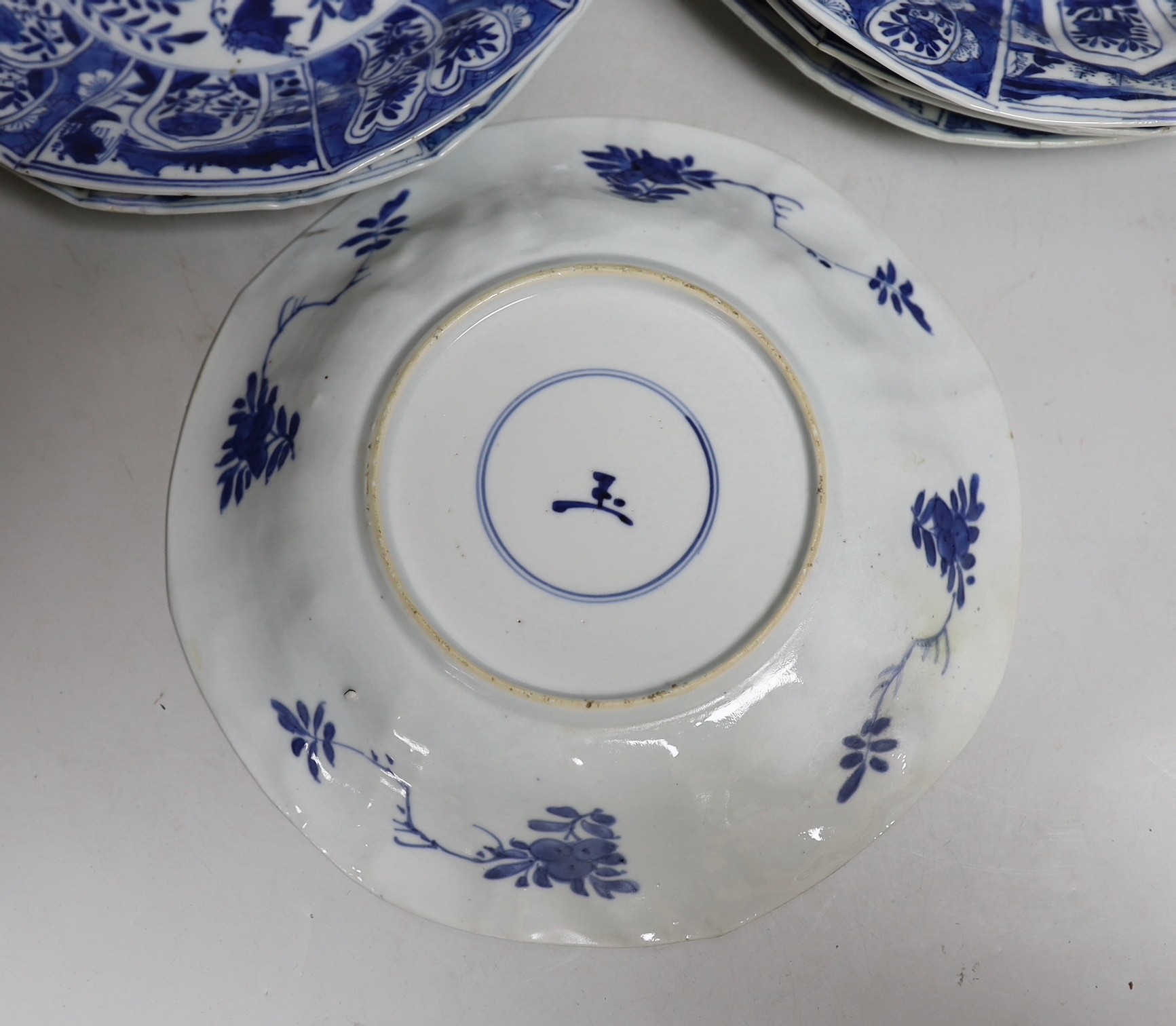 Eight Chinese blue and white octagonal plates, Kangxi period, 20.3 cm wide